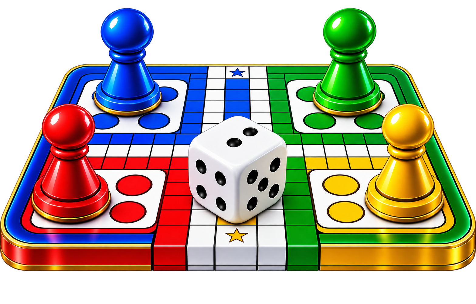 Ludora Ludo board with colorful playing pieces and dice